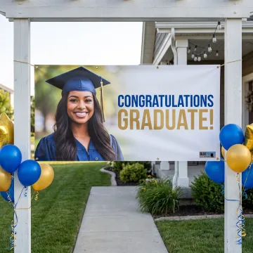 Custom graduation banner displayed at a celebration
