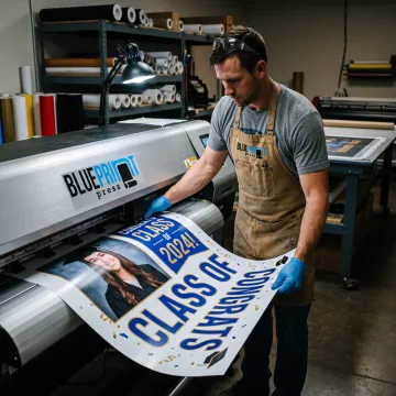 Graduation banner being prepared for printing
