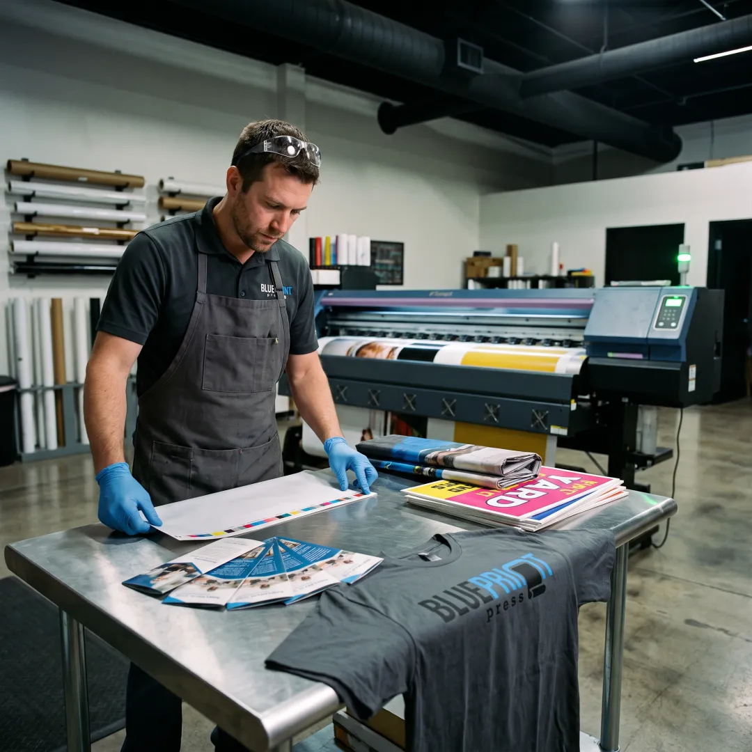 Print specialist reviewing colorful marketing pieces