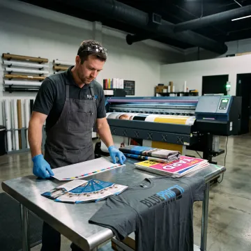 Print specialist reviewing colorful marketing pieces
