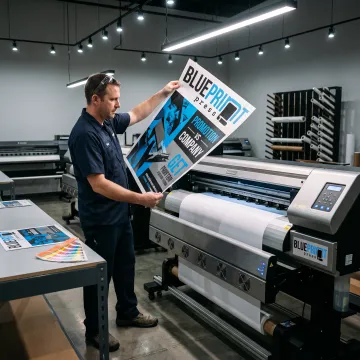 Designer reviewing a colorful poster proof