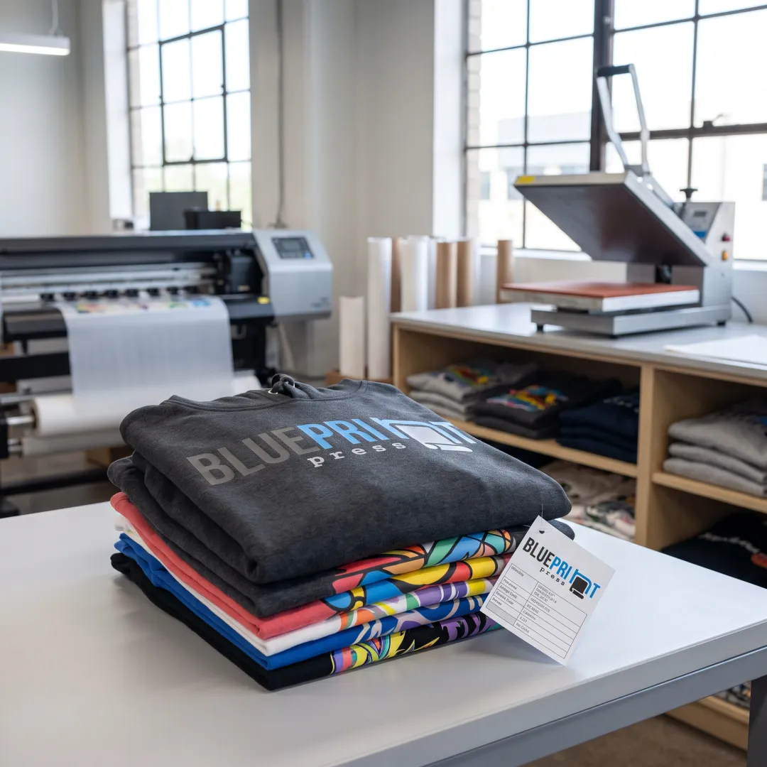 Colorful custom apparel prints on folded shirts