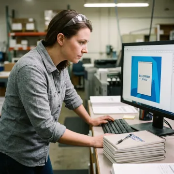 Designer reviewing custom notepad artwork