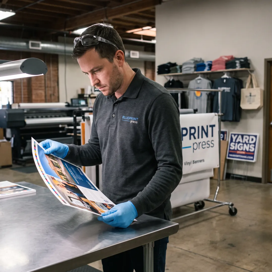 Printer reviewing branded brochures and banner