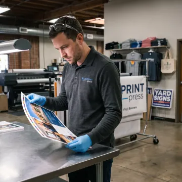 Printer reviewing branded brochures and banner