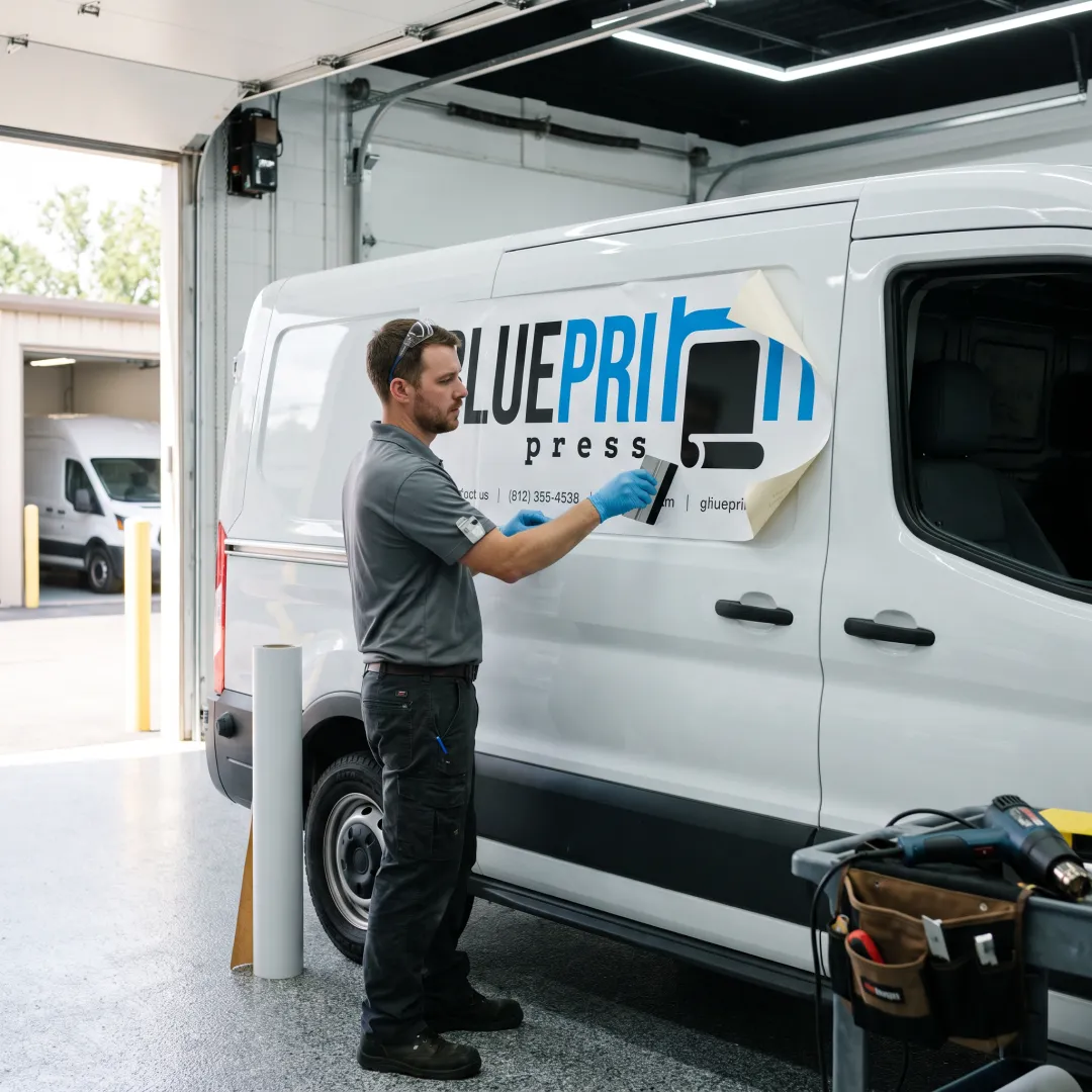 Technician applying custom vinyl fleet graphic