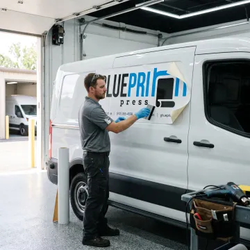 Technician applying custom vinyl fleet graphic