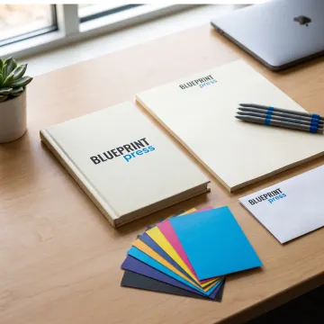 Custom branded stationery arranged on a desk