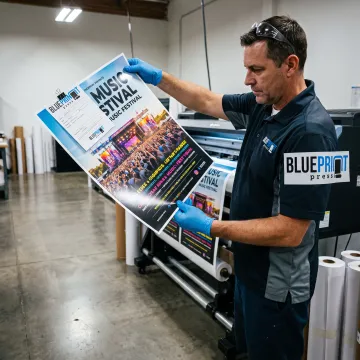 Designer reviewing a colorful 20x30 poster