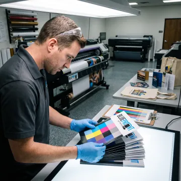 Print specialist inspecting colorful marketing materials