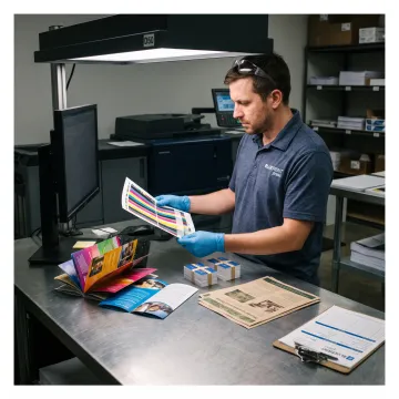Colorful printed business materials on a production table