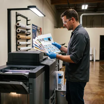 Digital printing technician reviewing colorful production prints