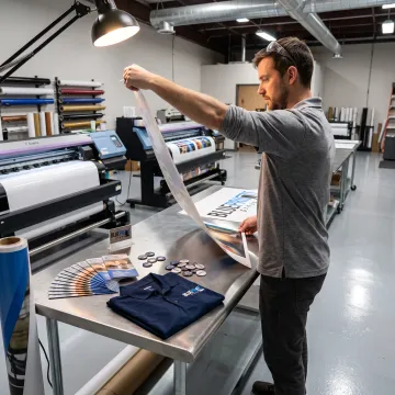 Print specialist reviewing colorful marketing materials