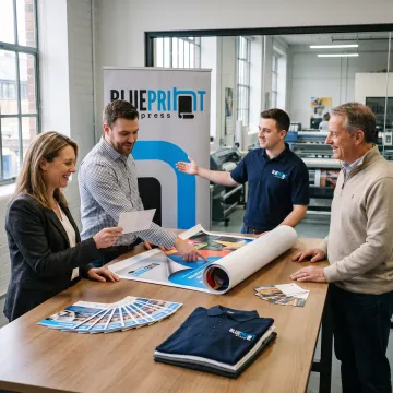 Business team reviewing printed marketing materials