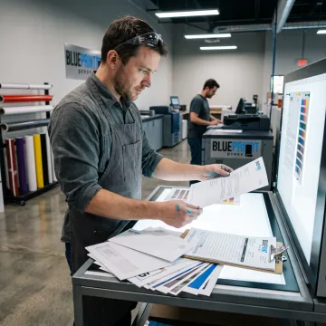 Print specialist reviewing custom business forms