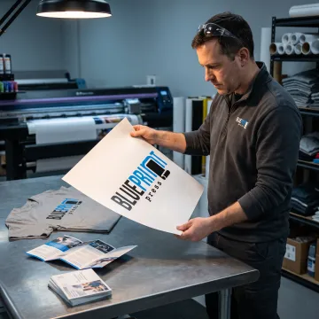 Print specialist reviewing vibrant sample materials