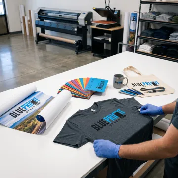 Colorful printed marketing materials and branded apparel