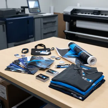 Colorful printed marketing materials on a worktable