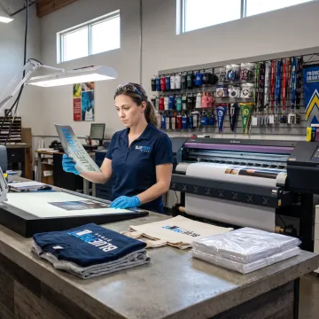 Print specialist preparing branded materials