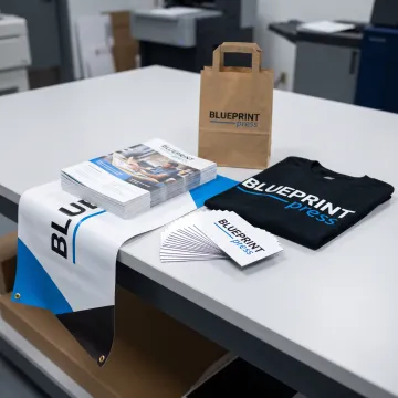 Colorful printed marketing materials and branded merchandise