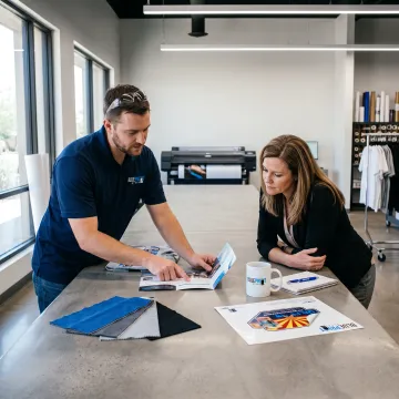 Print specialist reviewing branded material samples