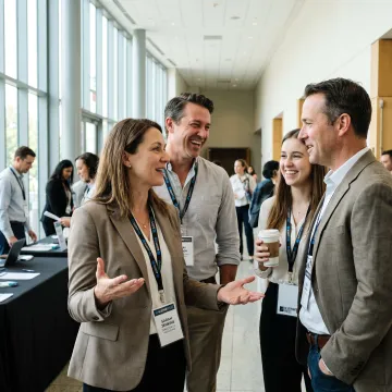 Attendees wearing custom name tags at a conference