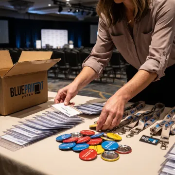 Event organizer reviewing custom name tags and lanyards