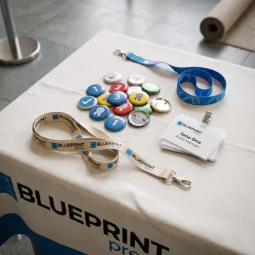 Custom name badges, buttons, and lanyards arranged for an event