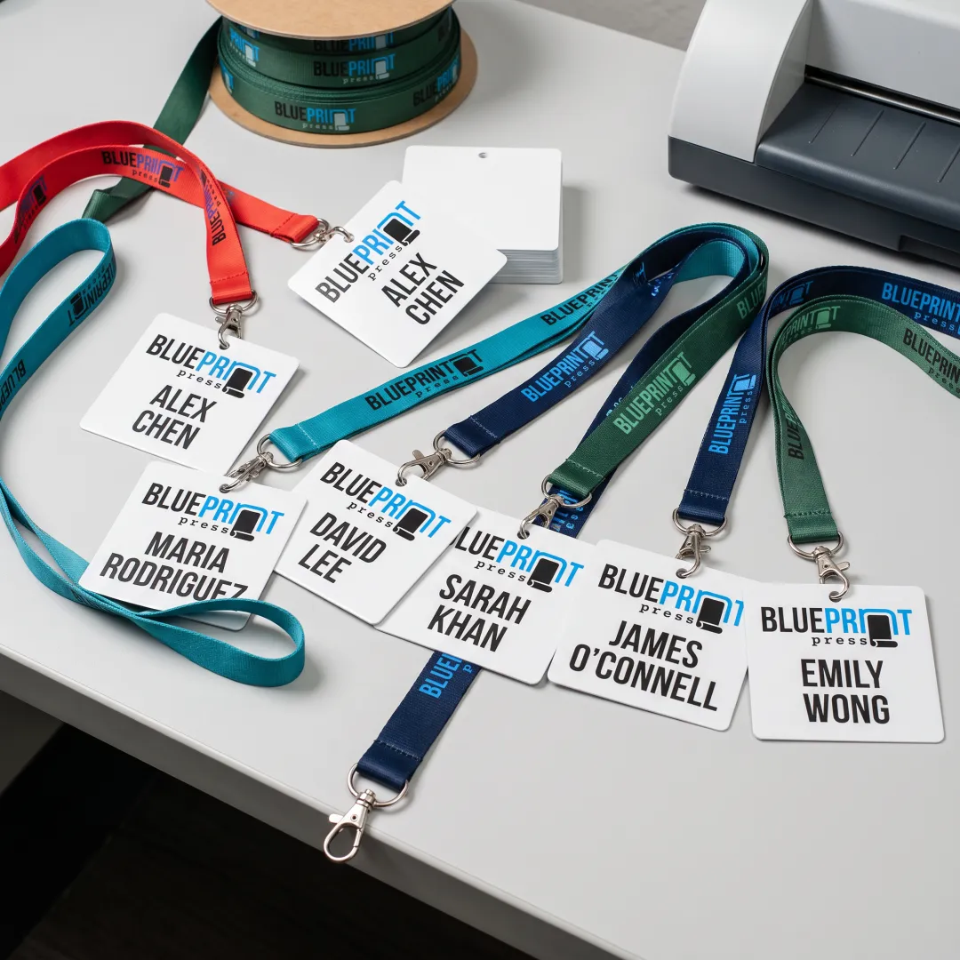 Printed name badges with branded event lanyards
