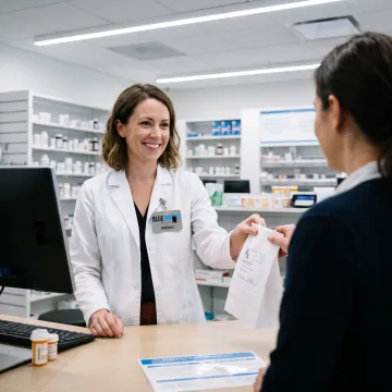 Pharmacy employee wearing a personalized name badge