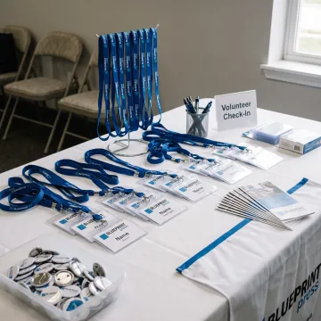 Branded volunteer badges and lanyards at an event