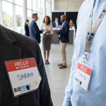 Custom HELLO MY NAME IS tags at an event