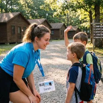 Counselor wearing a personalized camp name tag