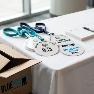 Custom circle name tags arranged for an event