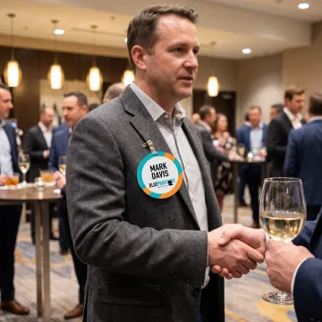 Attendee wearing a custom circular name tag