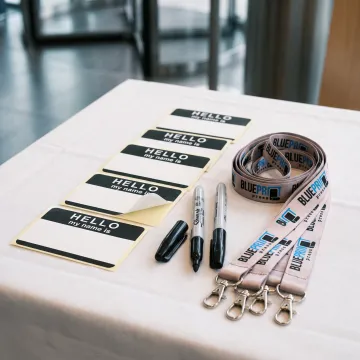 Custom rectangle name tags arranged for an event