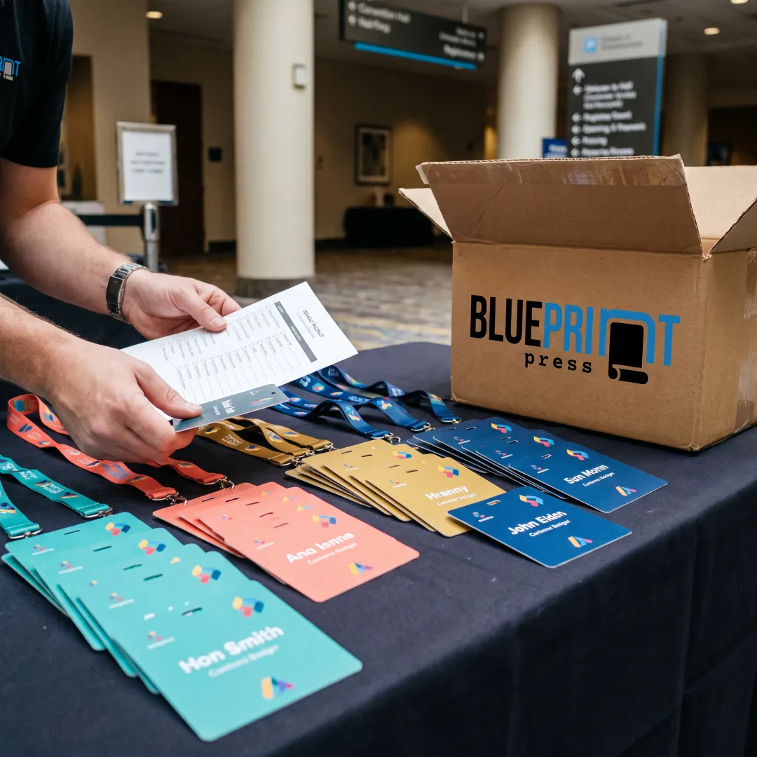 Event organizer reviewing custom paper badges