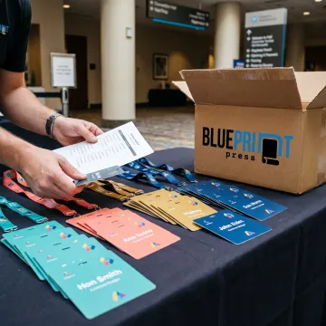 Event organizer reviewing custom paper badges