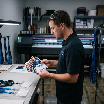 Designer reviewing branded event badge proofs