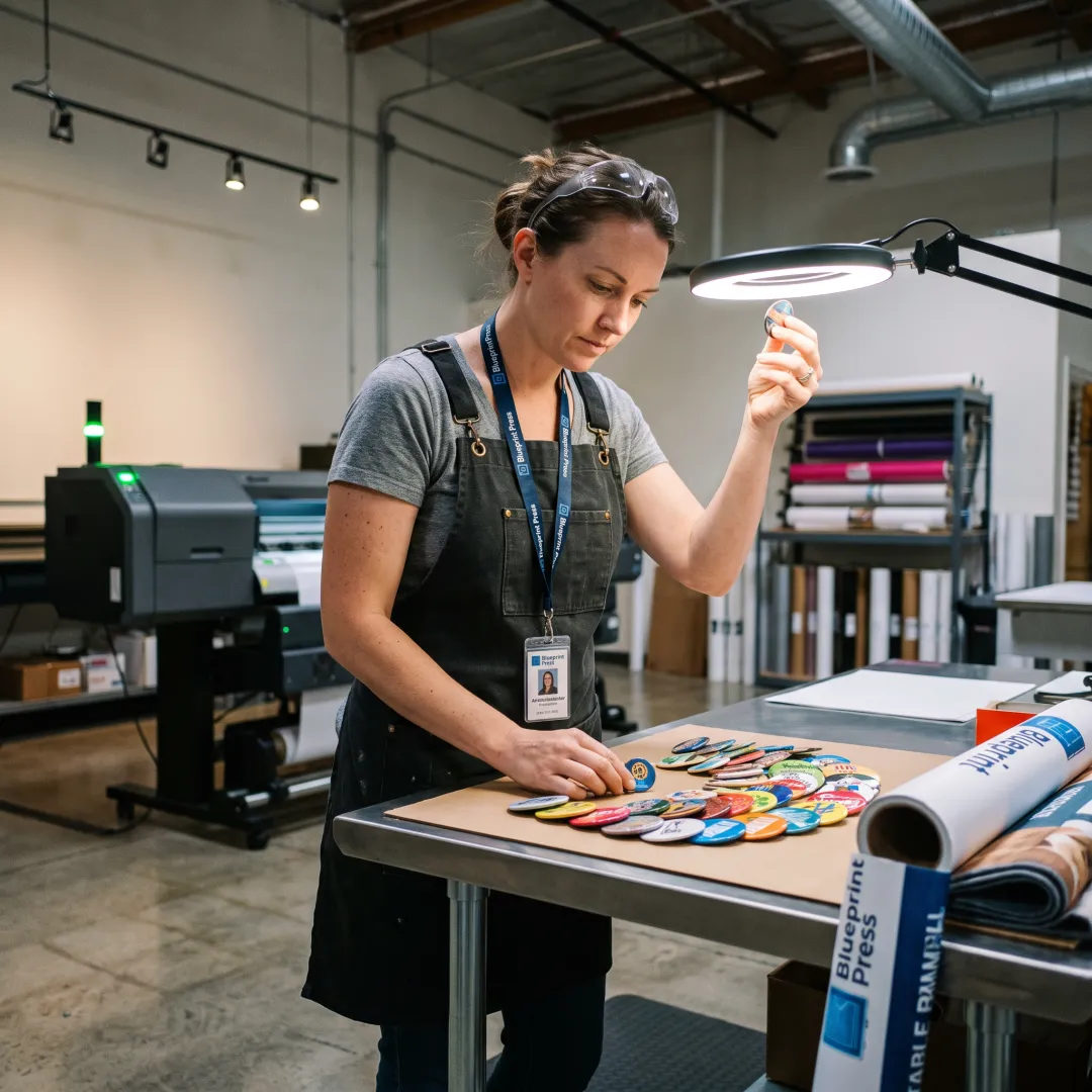 Designer reviewing colorful custom badge artwork