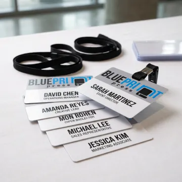 Custom printed name badges arranged for an event