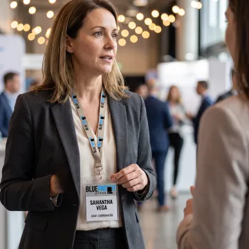 Branded name badge being worn at a business event