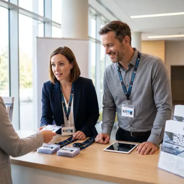 Staff wearing branded lanyards at an event