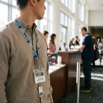 Event attendee wearing a custom branded lanyard