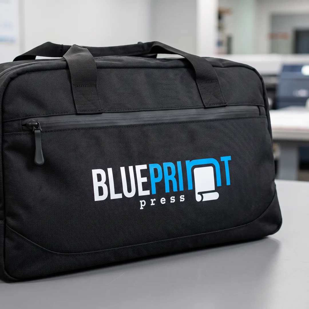 Fitness brand logo printed on a gym duffle bag