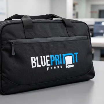 Fitness brand logo printed on a gym duffle bag