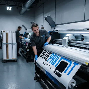 Print technician preparing a custom vinyl banner