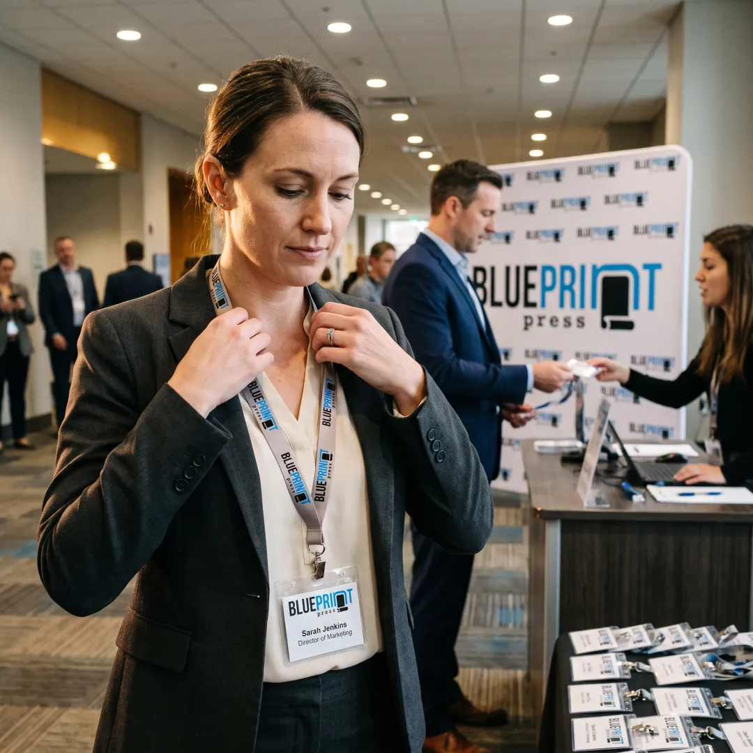 Event attendee wearing a branded lanyard and badge