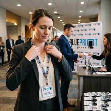 Event attendee wearing a branded lanyard and badge