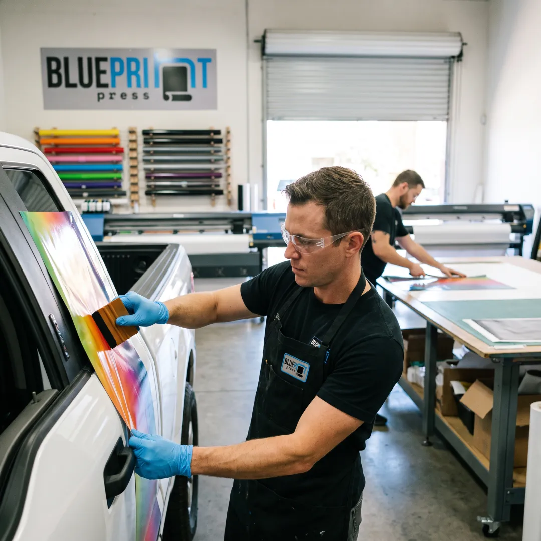 Technician applying vinyl graphics to a branded truck
